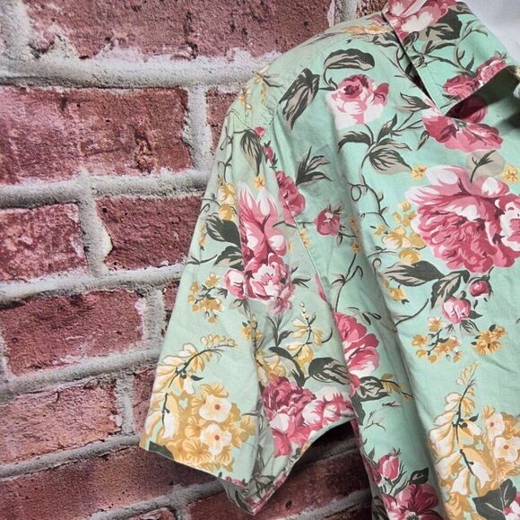 Vintage 90s CM Company Hawaiian Shirt Large Green Pink Floral Button Down V Neck - Picture 4 of 7